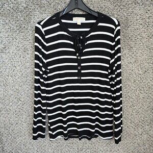 Michael‎ Kors Top Womens Large Black Striped Ribbed Knit Neck Tie Tee Casual